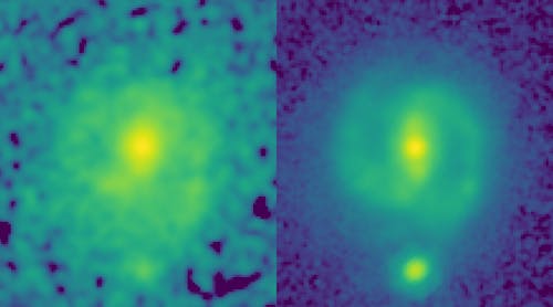FIGURE 1. The power of JWST to map galaxies at high resolution and at longer infrared lengths than Hubble allows it to look through dust to unveil the underlying structure and mass of distant galaxies. This can be seen in these two images of the galaxy EGS-23205, seen as it was about 11 billion years ago. In the HST image (left, taken in the near-infrared filter), the galaxy is little more than a disk-shaped smudge obscured by dust and impacted by the glare of young stars, but in the corresponding JWST mid-infrared image (taken last summer), it&rsquo;s a beautiful spiral galaxy with a clear stellar bar.