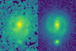 FIGURE 1. The power of JWST to map galaxies at high resolution and at longer infrared lengths than Hubble allows it to look through dust to unveil the underlying structure and mass of distant galaxies. This can be seen in these two images of the galaxy EGS-23205, seen as it was about 11 billion years ago. In the HST image (left, taken in the near-infrared filter), the galaxy is little more than a disk-shaped smudge obscured by dust and impacted by the glare of young stars, but in the corresponding JWST mid-infrared image (taken last summer), it’s a beautiful spiral galaxy with a clear stellar bar. FIGURE 1. The power of JWST to map galaxies at high resolution and at longer infrared lengths than Hubble allows it to look through dust to unveil the underlying structure and mass of distant galaxies. This can be seen in these two images of the galaxy EGS-23205, seen as it was about 11 billion years ago. In the HST image (left, taken in the near-infrared filter), the galaxy is little more than a disk-shaped smudge obscured by dust and impacted by the glare of young stars, but in the corresponding JWST mid-infrared image (taken last summer), it’s a beautiful spiral galaxy with a clear stellar bar.