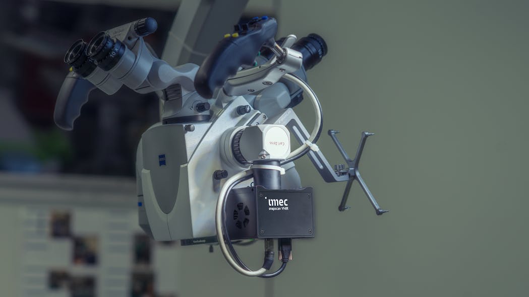 FIGURE 1. Thanks to a small form factor and compatibility with standard C-mount optics, imec&rsquo;s snapscan can easily be mounted on a standard surgical microscope.