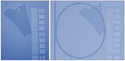 FIGURE 2. Crafting 2D defects: On the left, you can see a 2D material flake. On the right, you can see the ring resonator passing through the same laser spots, and now the defect is sitting precisely under the optical cavity. FIGURE 2. Crafting 2D defects: On the left, you can see a 2D material flake. On the right, you can see the ring resonator passing through the same laser spots, and now the defect is sitting precisely under the optical cavity.