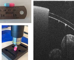FIGURE 3. Imaging of encapsulated medicine is shown; the blue portion of the pill coating is opaque and cannot be visualized, while the pink side is transparent to infrared OCT illumination and the thickness and pill contents are visible. FIGURE 3. Imaging of encapsulated medicine is shown; the blue portion of the pill coating is opaque and cannot be visualized, while the pink side is transparent to infrared OCT illumination and the thickness and pill contents are visible.