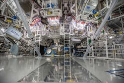 The target chamber of LLNL’s National Ignition Facility, where 192 laser beams delivered more than 2 million joules of ultraviolet energy to a tiny fuel pellet to create fusion ignition on December 5, 2022. The target chamber of LLNL’s National Ignition Facility, where 192 laser beams delivered more than 2 million joules of ultraviolet energy to a tiny fuel pellet to create fusion ignition on December 5, 2022.