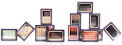 FIGURE 3. imec&rsquo;s range of hyperspectral sensors, with spectral filters deposited on top of image sensors, in a mosaic or striped pattern.