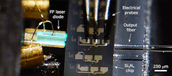 FIGURE 3. Blue chip-scale laser composed of a Fabry-Perot laser diode coupled to a photonic chip. FIGURE 3. Blue chip-scale laser composed of a Fabry-Perot laser diode coupled to a photonic chip.