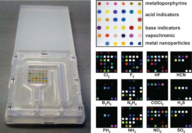 FIGURE 2. A colorimetric sensor uses chemically responsive dyes to detect volatile organic compounds in exhaled breath. Image analysis of the resulting array of color determines the mixture of analytes that was present in the sample.