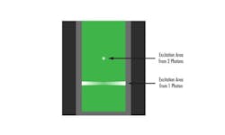 FIGURE 4. A depiction of the signal location for two-photon (top) and single-photon (bottom) microscopy studies. The overlap of two photons produces signal from a smaller focal volume, while the single-photon signal is plagued by background signal from outside the focal plane. This prevents phototoxicity and minimizes damage to the sample. FIGURE 4. A depiction of the signal location for two-photon (top) and single-photon (bottom) microscopy studies. The overlap of two photons produces signal from a smaller focal volume, while the single-photon signal is plagued by background signal from outside the focal plane. This prevents phototoxicity and minimizes damage to the sample.