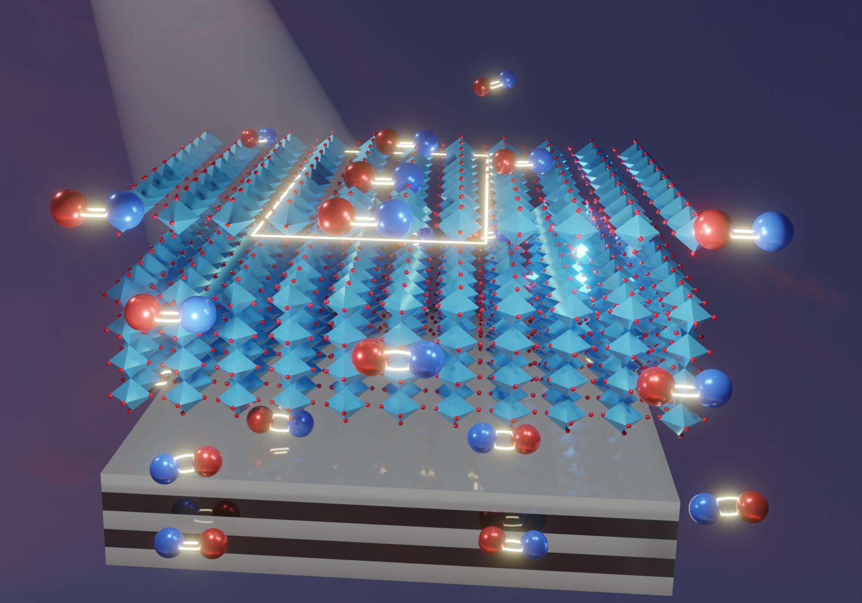 This illustration from Guo&rsquo;s Lab shows the interaction between a perovskite material (cyan) and a substrate of metal-dielectric material. The red and blue pairings are electron-hole pairs. Mirror images reflected from the substrate reduce the ability of excited electrons in the perovskite to recombine with their atomic cores, increasing the efficiency of the perovskite to harvest solar light.