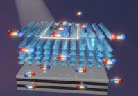 This illustration from Guo&rsquo;s Lab shows the interaction between a perovskite material (cyan) and a substrate of metal-dielectric material. The red and blue pairings are electron-hole pairs. Mirror images reflected from the substrate reduce the ability of excited electrons in the perovskite to recombine with their atomic cores, increasing the efficiency of the perovskite to harvest solar light.