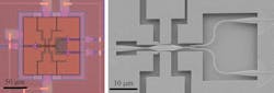 FIGURE 2. Microscope (left) and scanning electron microscope (right) images of a silicon photonic MEMS switch. Light can be routed from the input port on the left to either one of two output ports on the right by nanoelectromechanical motion of a freestanding silicon waveguide.