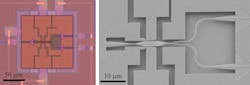 FIGURE 2. Microscope (left) and scanning electron microscope (right) images of a silicon photonic MEMS switch. Light can be routed from the input port on the left to either one of two output ports on the right by nanoelectromechanical motion of a freestanding silicon waveguide. FIGURE 2. Microscope (left) and scanning electron microscope (right) images of a silicon photonic MEMS switch. Light can be routed from the input port on the left to either one of two output ports on the right by nanoelectromechanical motion of a freestanding silicon waveguide.