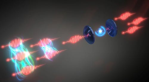 Artist&rsquo;s impression of how photons are coupled after being scattered by an artificial atom (quantum dot) in a cavity resonator.