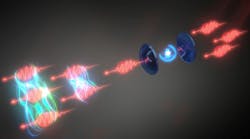 Artist’s impression of how photons are coupled after being scattered by an artificial atom (quantum dot) in a cavity resonator. Artist’s impression of how photons are coupled after being scattered by an artificial atom (quantum dot) in a cavity resonator.