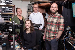 The Salk Institute team&mdash;shown here, from left: Daniela Duarte, Erin Carey, Axel Nimmerjahn, and Pavel Shekhtmeyster&mdash;is continuing to advance the new wearable microscope systems and expect to someday shift their research from mouse models to human clinical trials.