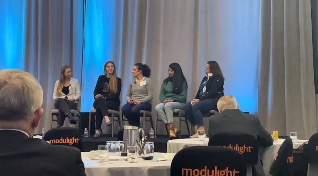 (L-R) Natalie Gibson, Julia Majors, Emily Mount, Madhu Mahadevan, and Denise Mendez discussed their companies&rsquo; diversity and inclusion initiatives, while addressing the challenges and expanding on the next steps to building productive and diverse engineering teams.