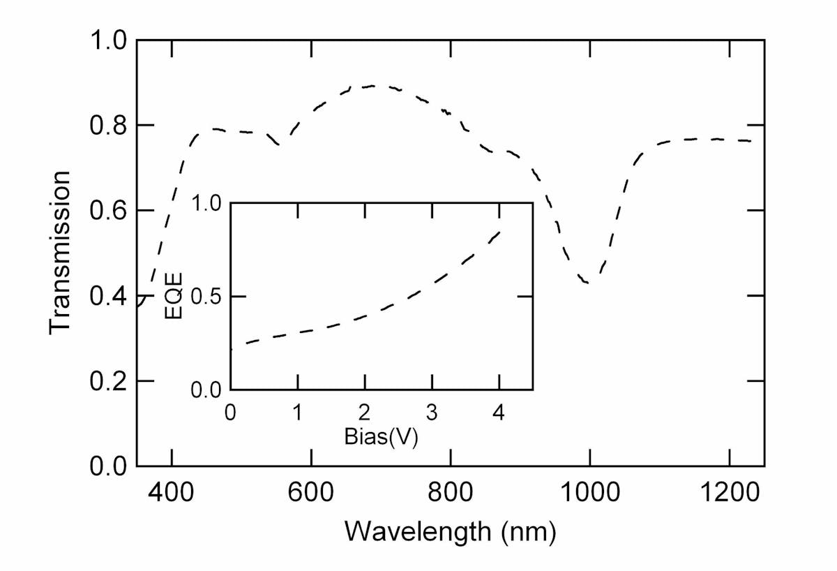 FIGURE 3. Optical transmission of a VT diode shows near 80% transparency throughout the visible spectrum. The inset shows the external quantum efficiency of a VT diode at 1000 nm as a function of reverse bias.