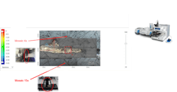 FIGURE 2. Using the Nicolet RaptIR FTIR microscope (inset), the 4x visual mosaic showed the regions within the stratigraphy, while the 15x produced greater detail of each region of the sample. FIGURE 2. Using the Nicolet RaptIR FTIR microscope (inset), the 4x visual mosaic showed the regions within the stratigraphy, while the 15x produced greater detail of each region of the sample.
