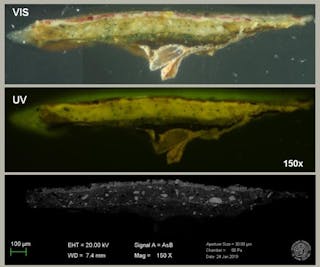 FIGURE 3. Cross-section of the painting sample embedded in resin, shown with visible, UV, and SEM-EDS imaging.