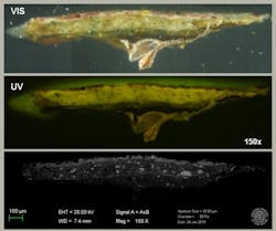 FIGURE 3. Cross-section of the painting sample embedded in resin, shown with visible, UV, and SEM-EDS imaging. FIGURE 3. Cross-section of the painting sample embedded in resin, shown with visible, UV, and SEM-EDS imaging.