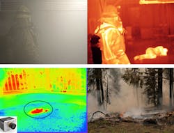 FIGURE 1. The bottom left corner shows the MANTIS camera imaging smoldering after the fire was extinguished with water. FIGURE 1. The bottom left corner shows the MANTIS camera imaging smoldering after the fire was extinguished with water.