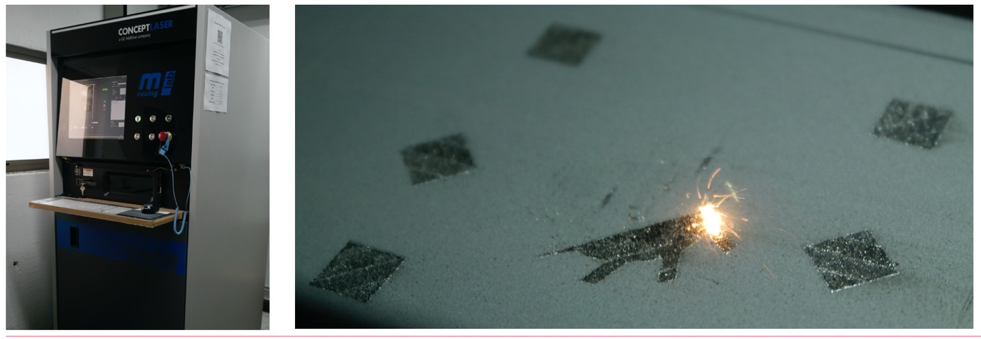 FIGURE 1. The GE-Concept Laser MLab 200R L-PBF unit at Pontifical Catholic University of Chile (PUC; left), printing a helix using cobalt chromium alloy powder (right).