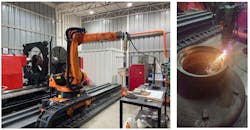 FIGURE 2. The laser cladding system at Power Train Technologies (PTT) features a Kuka robot arm and a Laserline cladding and laser head (left); nickel chromium (NiCr) alloy deposition of a duct component is also shown (right).