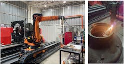 FIGURE 2. The laser cladding system at Power Train Technologies (PTT) features a Kuka robot arm and a Laserline cladding and laser head (left); nickel chromium (NiCr) alloy deposition of a duct component is also shown (right). FIGURE 2. The laser cladding system at Power Train Technologies (PTT) features a Kuka robot arm and a Laserline cladding and laser head (left); nickel chromium (NiCr) alloy deposition of a duct component is also shown (right).