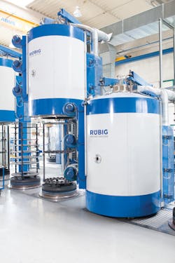FIGURE 2. Industrial plasma nitriding chamber. Under operation, typical conditions for nitriding of workpieces inside a chamber involve pressures in the range of few millibars and temperatures in the range of hundreds of &deg;C. (Courtesy of R&Uuml;BIG)