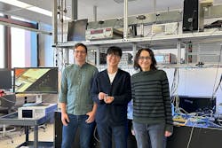 FIGURE 1. Co first-authors Anthony White (left) and Geun Ho Ahn (center) joined their graduate advisor, Jelena Vu&ccaron;kovi&cacute;, professor of electrical engineering at Stanford&apos;s Ginzton Laboratory, in developing an integrated passive nonlinear optical isolator based on ring resonators.