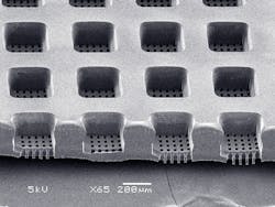 FIGURE 4. In microfluidic devices for pharmaceutical discovery and development applications, the same 248nm excimer can produce micro-wells and tiny vias for sealed electrical connections as in this polycarbonate sample. FIGURE 4. In microfluidic devices for pharmaceutical discovery and development applications, the same 248nm excimer can produce micro-wells and tiny vias for sealed electrical connections as in this polycarbonate sample.