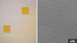 FIGURE 2. Two leaky-wave metasurfaces for generating Kagome lattices are shown: at right, a SEM image of a portion of a leaky-wave metasurface, which is composed of nano-apertures etched into a polymer layer atop a silicon nitride thin film.
