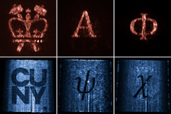 FIGURE 3. Left two figures: Two holographic images produced by a leaky-wave metasurface at two different distances from the device surface. Right four figures: Four distinct holographic images produced by a single leaky-wave metasurface at two different distances from the device surface and at two orthogonal polarization states.