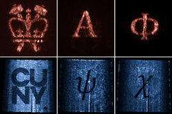 FIGURE 3. Left two figures: Two holographic images produced by a leaky-wave metasurface at two different distances from the device surface. Right four figures: Four distinct holographic images produced by a single leaky-wave metasurface at two different distances from the device surface and at two orthogonal polarization states. FIGURE 3. Left two figures: Two holographic images produced by a leaky-wave metasurface at two different distances from the device surface. Right four figures: Four distinct holographic images produced by a single leaky-wave metasurface at two different distances from the device surface and at two orthogonal polarization states.