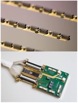 Wafer-level packaging of III-V photonic chips on a silicon wafer (top) and chip-level hybrid integration of photonic chips (bottom). Wafer-level packaging of III-V photonic chips on a silicon wafer (top) and chip-level hybrid integration of photonic chips (bottom).