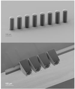Scanning electron microscope (SEM) image of a lensed fiber array with high-precision collimator optics for free-space micro-optical coupling fabricated with Quantum X align featuring aligned 2-photon lithography (top) and a SEM image of mode field shaping micro-optics aligned and printed (bottom).