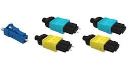 The LC connector (left), which features a smaller ferrule size and latch mechanism, is ideal for high-density patch applications within the fiber-to-the-home (FTTH) space. However, to support more fibers in individual ferrules, the industry introduced the multiple fiber push-on/pull-off (MTP/MPO) connector, which can support up to 24 fibers in a single ferrule for use in high-density environments like data centers. But MTP/MPO connectors must be mated to an opposing male (center) or female (right) connector, which can lead to higher inventory costs.