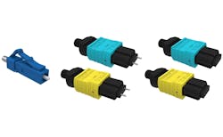 The LC connector (left), which features a smaller ferrule size and latch mechanism, is ideal for high-density patch applications within the fiber-to-the-home (FTTH) space. However, to support more fibers in individual ferrules, the industry introduced the multiple fiber push-on/pull-off (MTP/MPO) connector, which can support up to 24 fibers in a single ferrule for use in high-density environments like data centers. But MTP/MPO connectors must be mated to an opposing male (center) or female (right) connector, which can lead to higher inventory costs.