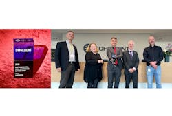 Awarding ceremony attendants from left to right: Dr. Paul Ilten, European Director Strategic Supply Chain, Coherent; Julia Strozyk, Strategic Sourcing Manager, Coherent; Dr. Wolfgang Ebert, President, LASEROPTIK GmbH; Werner Moorhoff, Senior Coating Manager, LASEROPTIK GmbH; Oliver Bissmeyer, Team Leader Europe Global Supply Chain, Coherent Awarding ceremony attendants from left to right: Dr. Paul Ilten, European Director Strategic Supply Chain, Coherent; Julia Strozyk, Strategic Sourcing Manager, Coherent; Dr. Wolfgang Ebert, President, LASEROPTIK GmbH; Werner Moorhoff, Senior Coating Manager, LASEROPTIK GmbH; Oliver Bissmeyer, Team Leader Europe Global Supply Chain, Coherent