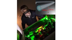 FIGURE 1. Simon Gross, an ARC Future Fellow at the Macquarie University School of Engineering, works with the new multicore optical fiber setup; the new 19-core optical fiber is shown in the inset.