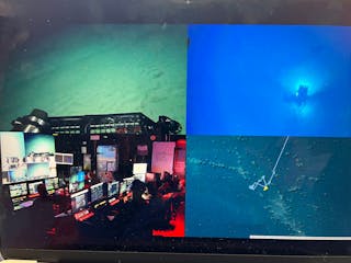 FIGURE 2. (Clockwise from top left): The surveillance platform shows the sea floor from the remotely operated vehicle Hercules; Hercules exploring the sea floor; the navigator&rsquo;s view of the area being explored; and the system&rsquo;s pilots and scientists monitoring the activity from mission control.