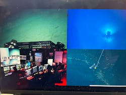 FIGURE 2. (Clockwise from top left): The surveillance platform shows the sea floor from the remotely operated vehicle Hercules; Hercules exploring the sea floor; the navigator’s view of the area being explored; and the system’s pilots and scientists monitoring the activity from mission control. FIGURE 2. (Clockwise from top left): The surveillance platform shows the sea floor from the remotely operated vehicle Hercules; Hercules exploring the sea floor; the navigator’s view of the area being explored; and the system’s pilots and scientists monitoring the activity from mission control.