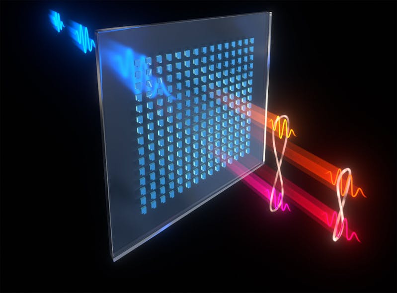 FIGURE 2. An artist rendering of a metasurface shows light passing through a tiny rectangular structure&mdash;the building blocks of a metasurface&mdash;and creating pairs of entangled photons at different wavelengths.