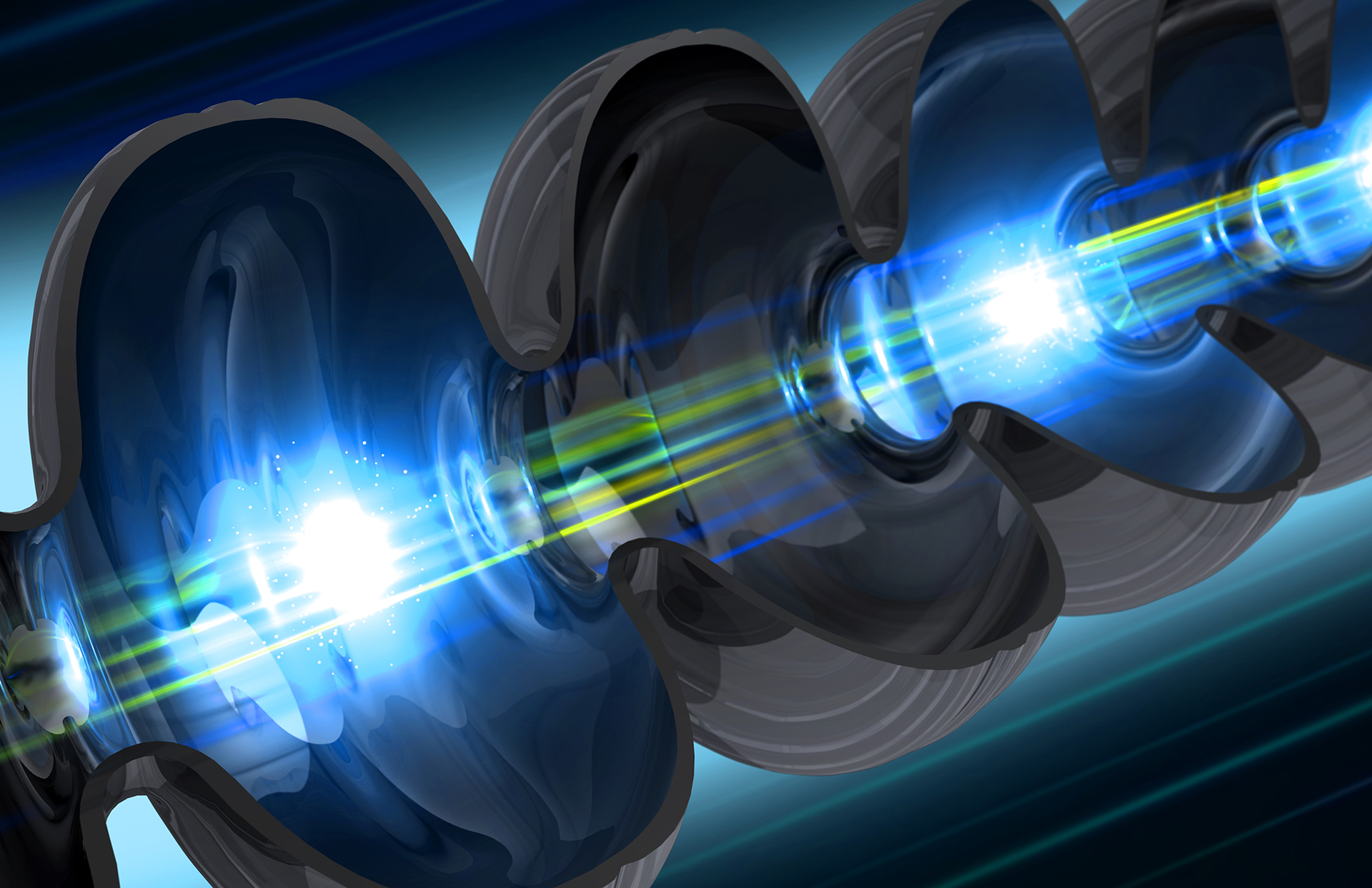 Illustration of an electron beam traveling through a niobium cavity&mdash;a key component of SLAC&rsquo;s LCLS-II x-ray laser. It&rsquo;s kept at 2 kelvins (-456&deg;F), a temperature at which niobium conducts electricity without losses, and these cavities power a highly energetic beam that creates up to 1 million x-ray flashes/second&mdash;more than any other current or planned x-ray laser.