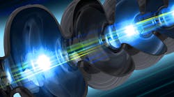 Illustration of an electron beam traveling through a niobium cavity&mdash;a key component of SLAC&rsquo;s LCLS-II x-ray laser. It&rsquo;s kept at 2 kelvins (-456&deg;F), a temperature at which niobium conducts electricity without losses, and these cavities power a highly energetic beam that creates up to 1 million x-ray flashes/second&mdash;more than any other current or planned x-ray laser.