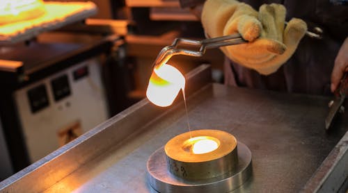 Making specialty glass in the laboratory by quickly cooling the glass melt on a cold metal slate (melt-quenching).