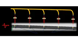Quantum light sources: Microscope image of a waveguide connecting five micro-pillar cavities (bottom). Superimposed at top of this image is a depiction of the concept of connecting the single-photon emission with lens into a common fiber.