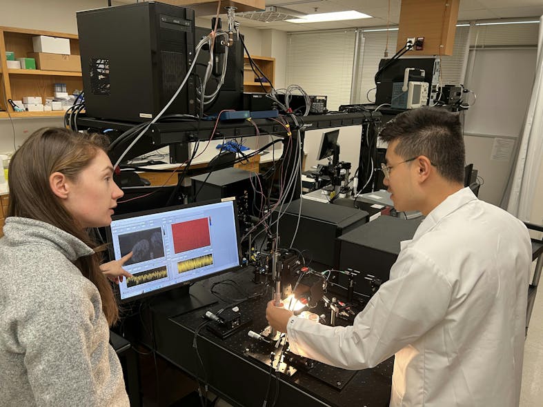 FIGURE 1. Deirdre Scully (left), a postdoctoral fellow at Baylor College of Medicine, and Baylor graduate student Tian Xia (right) helped develop the OCT-based approach that can directly image the coordination of motile cilia in their natural environment.