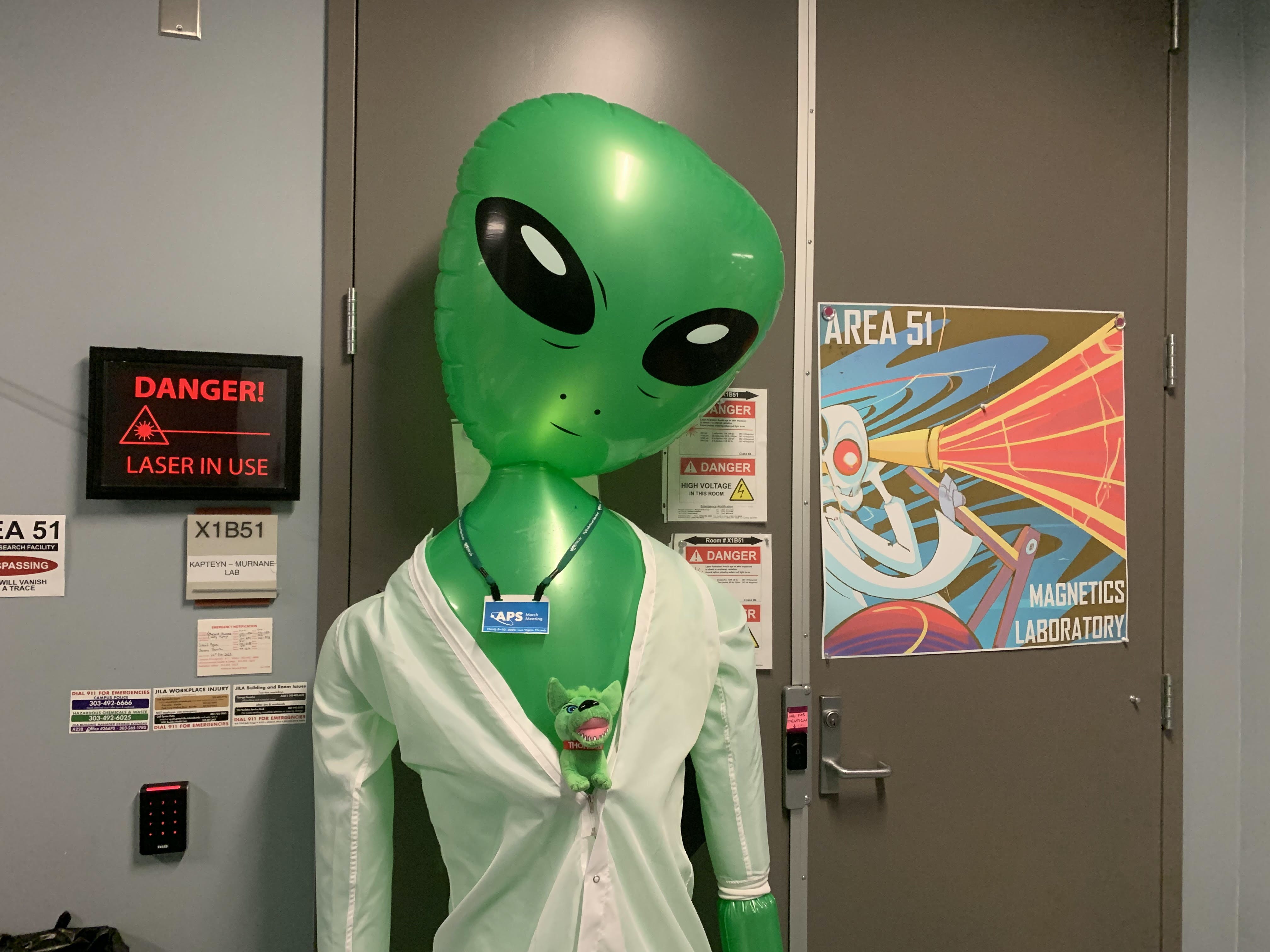 Alistair the Alien guards the lab entrance; artwork courtesy of Peter Johnsen.