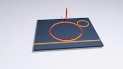 FIGURE 1. The two rings shown in this image are microresonators. The microcomb is generated within the bigger ring, formed by a pulse of light (shown here as a red spike/soliton) that recirculates within the cavity forever. The smaller ring helps couple light from a straight waveguide (shown as a straight orange line at the bottom), into the bigger ring. In other words: it acts as impedance matching, which means the soliton is generated more efficiently.