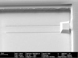 FIGURE 2. Scanning-electron microscope (SEM) photo of the 150 nm silicon tip used to couple light from the CMOS chip to the chalcogenide glass waveguide.
