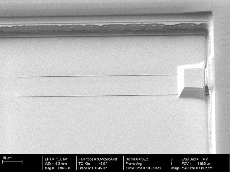 FIGURE 2. Scanning-electron microscope (SEM) photo of the 150 nm silicon tip used to couple light from the CMOS chip to the chalcogenide glass waveguide.
